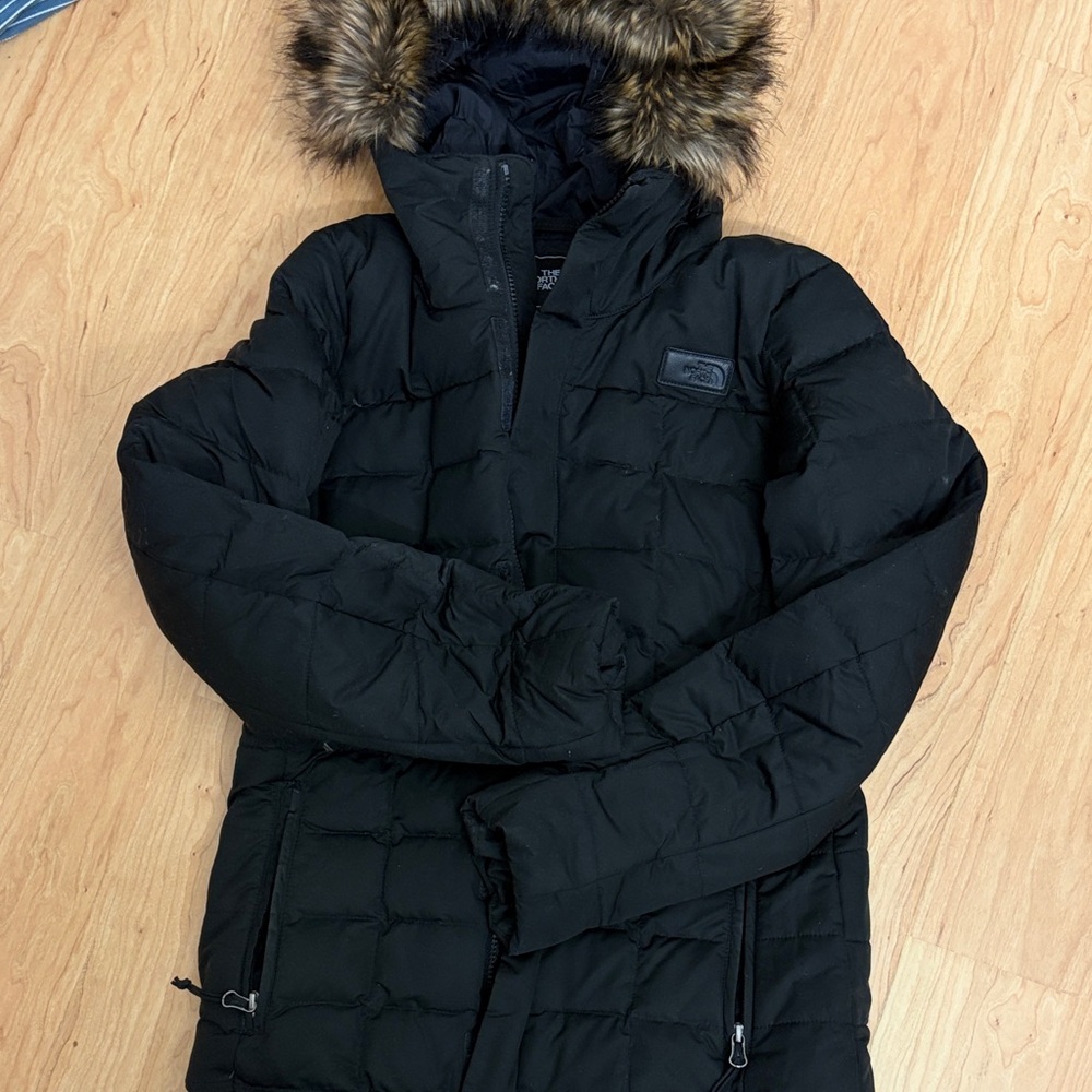 The North Face Black Quilted Down Parka with Faux Fur Trim Hood